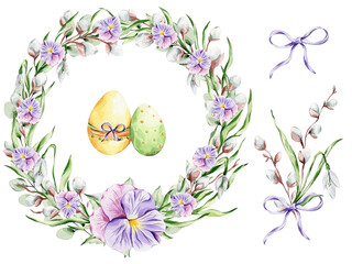 Set with colorful Easter eggs, leaves, a bow and a bouquet of snowdrops, willow and violets on a white background. © ichugai
