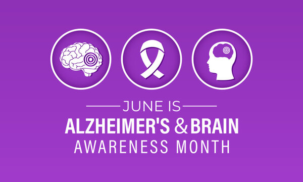 Vector graphic of Alzheimer's and Brain awareness month is observed every year in June. Raise awareness about Alzheimer's and brain. Realistic Ribbon, head and brain icon with Stethoscope design.