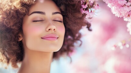 Naklejka premium Woman enjoying cherry blossoms park portrait spring close-up beauty