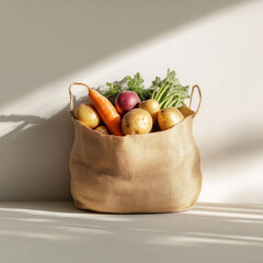 Food Delivery Eco friendly reusable shopping bags filled with  vegetables in  a burlap sack, eco packing  in light background