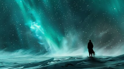 Obraz premium Silhouette of a hiker on an icy glacier watches the aurora borealis dance alongside a million stars The frozen landscape reflects the cosmic glow adding an ethereal touch to the stargazing moment
