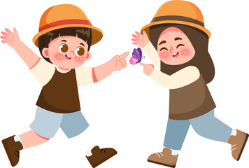 Joyful Children in Explorer Hats Chasing Butterfly