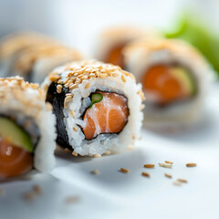 Philadelphia maki roll on dark plate on concrete background. Salmon sushi roll on white table with chopsticks.