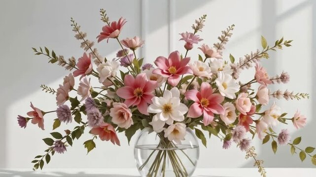 A sleek, modern ester flower arrangement on a minimalist table, the flowers contrasted by soft white lighting, giving a clean, elegant look in ultra-HD.
