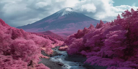 Fototapete Fantasy pink forest with winding river and mountain in vivid infrared colors  © GaMe