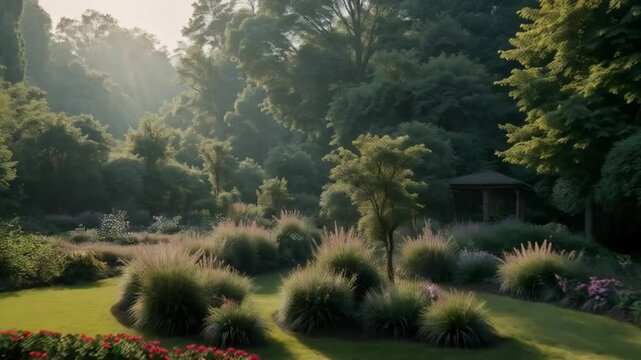 A serene ester flower garden set up for an event, soft sunlight filtering through the leaves, the flowers in full bloom, creating a peaceful and cinematic landscape.
