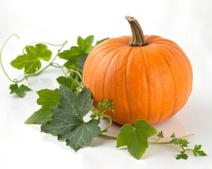 Orange autumn pumpkin, a seasonal vegetable and fruit, rests isolated on white with its stem and leaves, embodying the fall harvest and Thanksgiving decoration