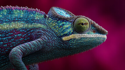 Fototapeta premium Close-up of chameleon, teal, purple, green scales, textured skin, profile view against maroon background, showcasing unique reptile detail