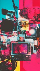 Television set and camera equipment against abstract colorful background.