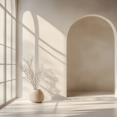 Minimalist scene with a potted dry flower or brunch against a white wall. The tree stands alone, casting a shadow on white minimal background. Simple, serene, and minimalist  beige design 