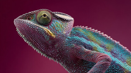 Close-up of colorful chameleon skin texture, showing intricate scales and vibrant hues Purple, teal, green. Represents nature's artistry, unique beauty, and adaptability