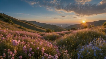 Fototapeta premium Serene Sunrise Over Wildflower-Covered Hills
