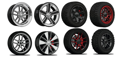 A Hand drawn car tire and wheel illustrations set with a white background