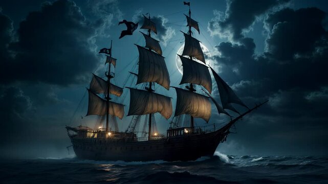 Majestic sailing ship navigating through dark waves under a full moon at night