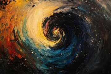 Abstract painting features a swirling vortex of colors including yellow blue and black.