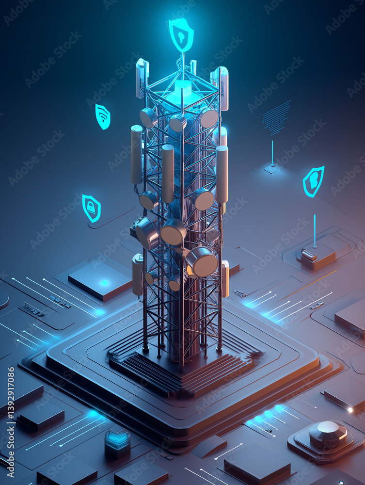 Poster critical infrastructure communication protection security cyber. urban telecom tower with digital se