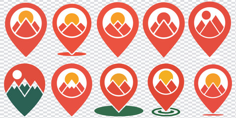 Red map markers with mountain and sun icons for location targeting.