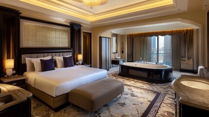 A lavish penthouse suite in the heart of Dubai, with stunning views of the city and the sea