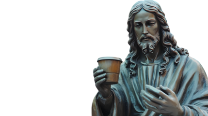 Religious statue of Jesus Christ with coffee cup, symbolic Christian imagery