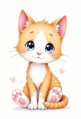  a cute orange and white kitten with blue eyes sitting on a white background, surrounded by heart symbols