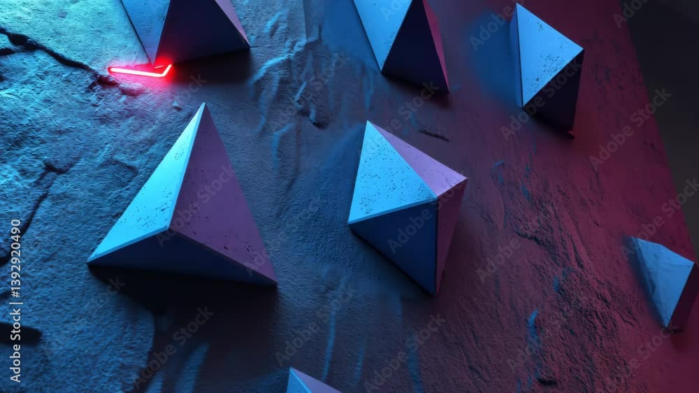 Poster illuminated, blue and pink three-dimensional surface with triangular pyramids. high tech, neon 3d ba