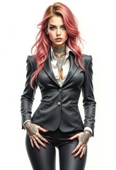  a woman with pink hair and tattoos on her arms, wearing a black suit against a white background