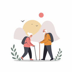 Elderly couple hiking together against a scenic mountain background  