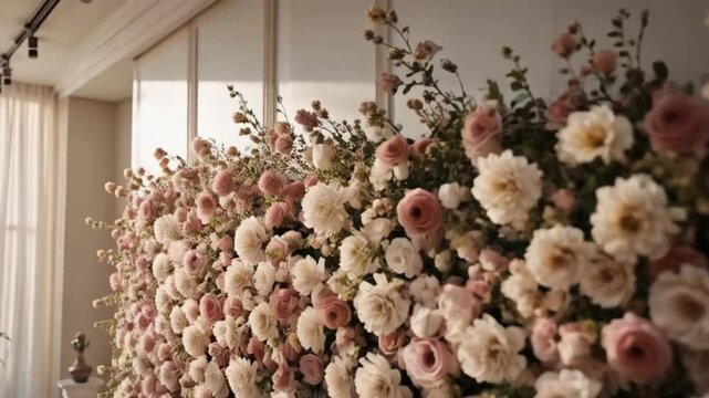 A perfectly arranged ester flower installation hanging on the wall of an event venue, surrounded by soft light and a tranquil ambiance, captured in cinematic 8K resolution.
