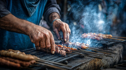 Fototapeta premium Street vendor grilling skewers, focused hands busy.