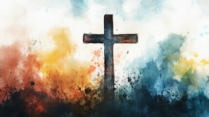 Fototapeta premium watercolor banner with cross for christian themes