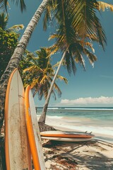 Two surfboards are leaning against a palm tree on a beach