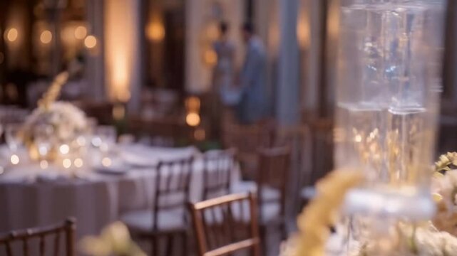 A beautifully set ester event table with fine china, crystal glasses, and ester flower centerpieces, the soft golden glow of ambient lighting casting gentle shadows.

