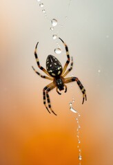  a black and yellow garden spider perched on its web with water droplets glistening in the light The background is slightly blurred, giving the spider a sense of fo
