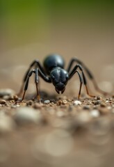  a black carpenter ant crawling on the ground with a blurred background