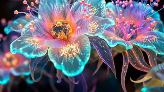 Imagine biopunk alien flowers with intricate details, pastel colors, fiber optics, and glowing colors