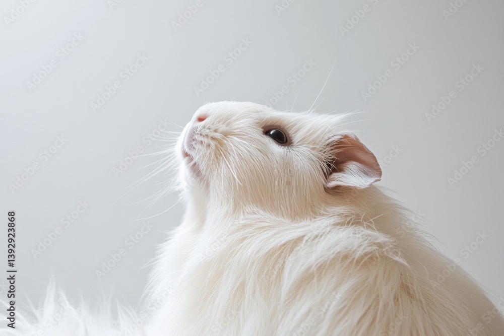 Poster Fluffy guinea pig looking up with curious expression against a minimal white background in a cozy indoor setting