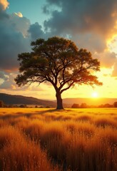 Fototapeta premium a lone tree in the middle of a field, surrounded by lush green grass and rolling hills in the background The sky is painted with a beautiful array of oranges, pink
