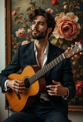 Obraz premium a man in a suit sitting on a chair playing an acoustic guitar, with a picture frame attached to the wall behind him