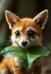 Obraz premium a red fox cub holding a green leaf in its mouth, with a blurry background