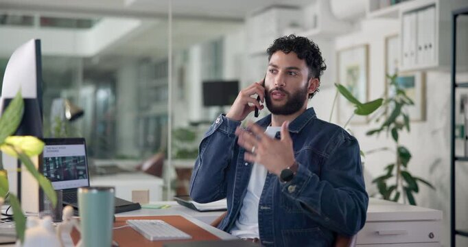 Phone call, conversation and man in office for explaining creative project to client at night. Cellphone, business and male magazine editor on mobile discussion for deadline management in workplace.