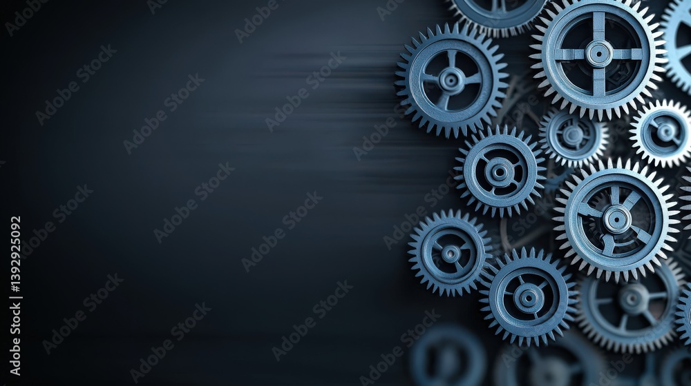 Poster a collection of metallic gears arranged dynamically against a dark background, showcasing mechanical