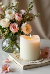  a white candle sitting on top of a book next to a vase of pink and white flowers The candle is lit, illuminating the book and the flowers in the vase, creating a w