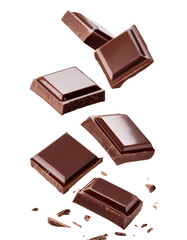 Falling chocolate chunks with crumbs on transparent background