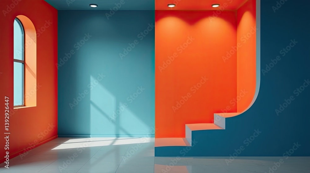 Poster modern architecture design with vivid contrasting color combination indoors