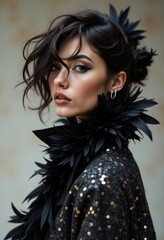  a woman wearing a black dress with gold sequins and feathers adorning her shoulders The background is blurred, giving the image a dreamy, ethereal feel