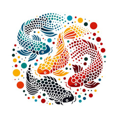 A colorful vector design of koi carps, the traditional Japanese fish, featuring dots pattern.