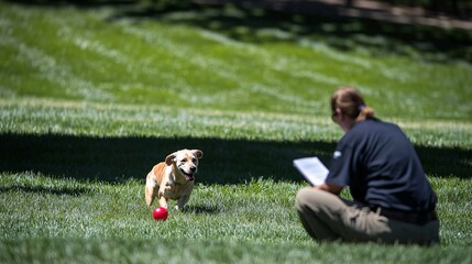 playful Labrador Retriever K9 dog in training, retrieving a red ball in a grassy field, with a trainer watching and taking notes. Bright daylight, vibrant colors. Labrador Retriever, K9 training, 