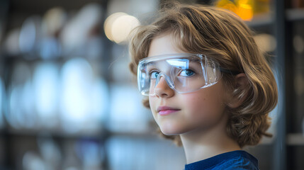 Child engaged in scientific experimentation classroom portrait indoor close-up curiosity and learning