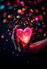 Obraz premium a person holding a pink heart-shaped object in their hands, illuminated by a few lights in the background