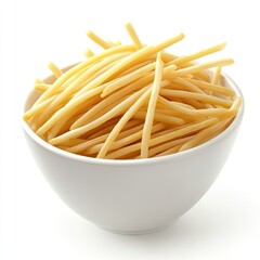 Uncooked pasta in a bowl.  Fresh, dry pasta strands, light golden color, piled high in a white bowl